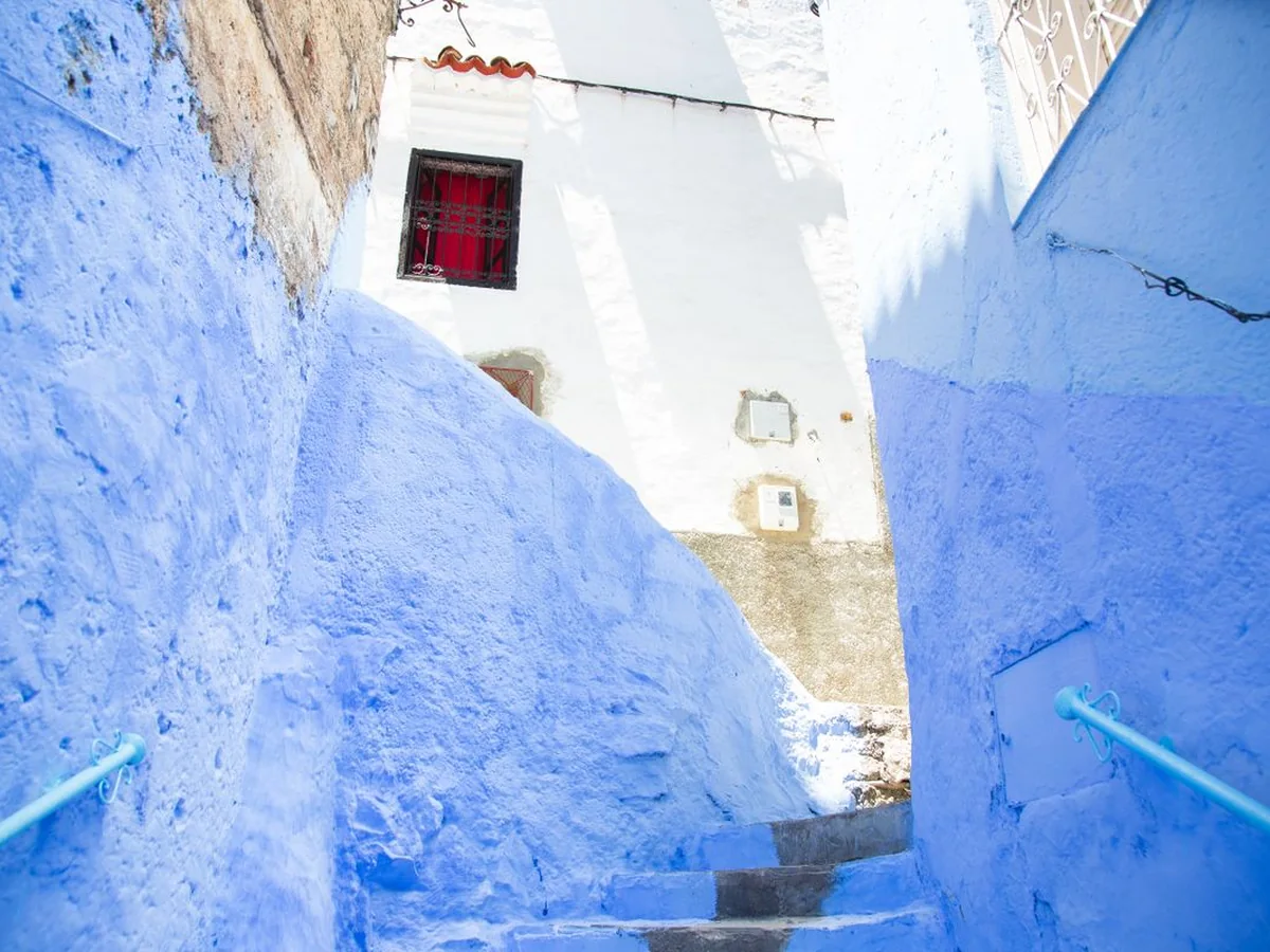 A quiet blue stairway between whitewashed and indigo-painted walls in Chefchaouen